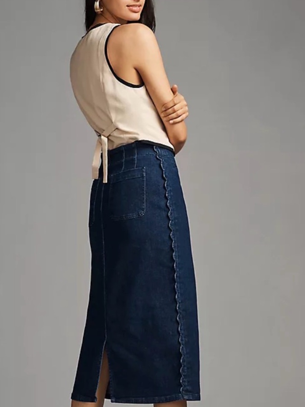 Maeve Dark Blue Denim Midi Skirt with Scalloped Side